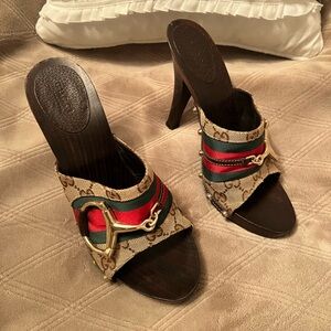 Gucci GG Monogram Canvas Horsebit Wood Platform Mules 8